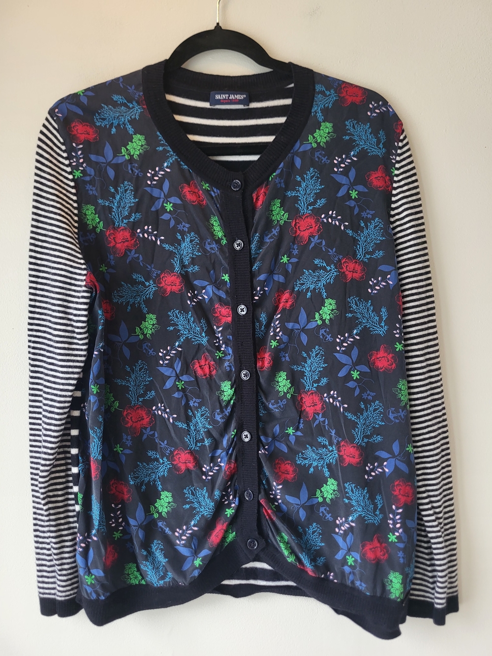 Saint James Coastal Classic Feminine Navy Floral & Striped Button Cardigan